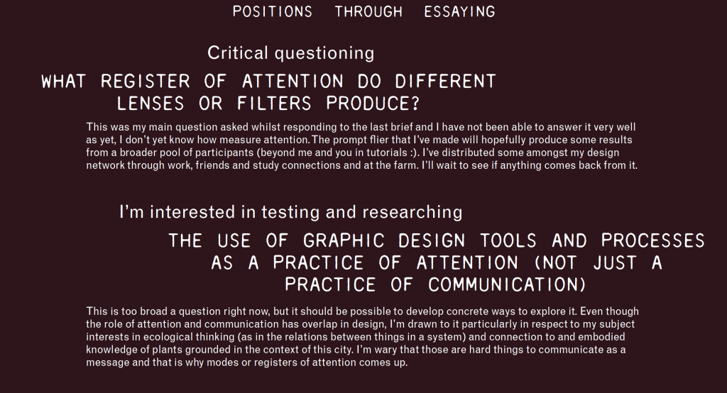Positions through essaying — week 1